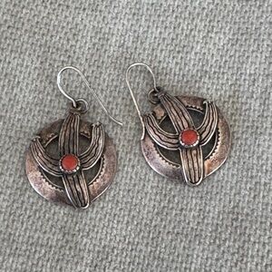 Native American Sterling Silver and Coral Cactus Earrings